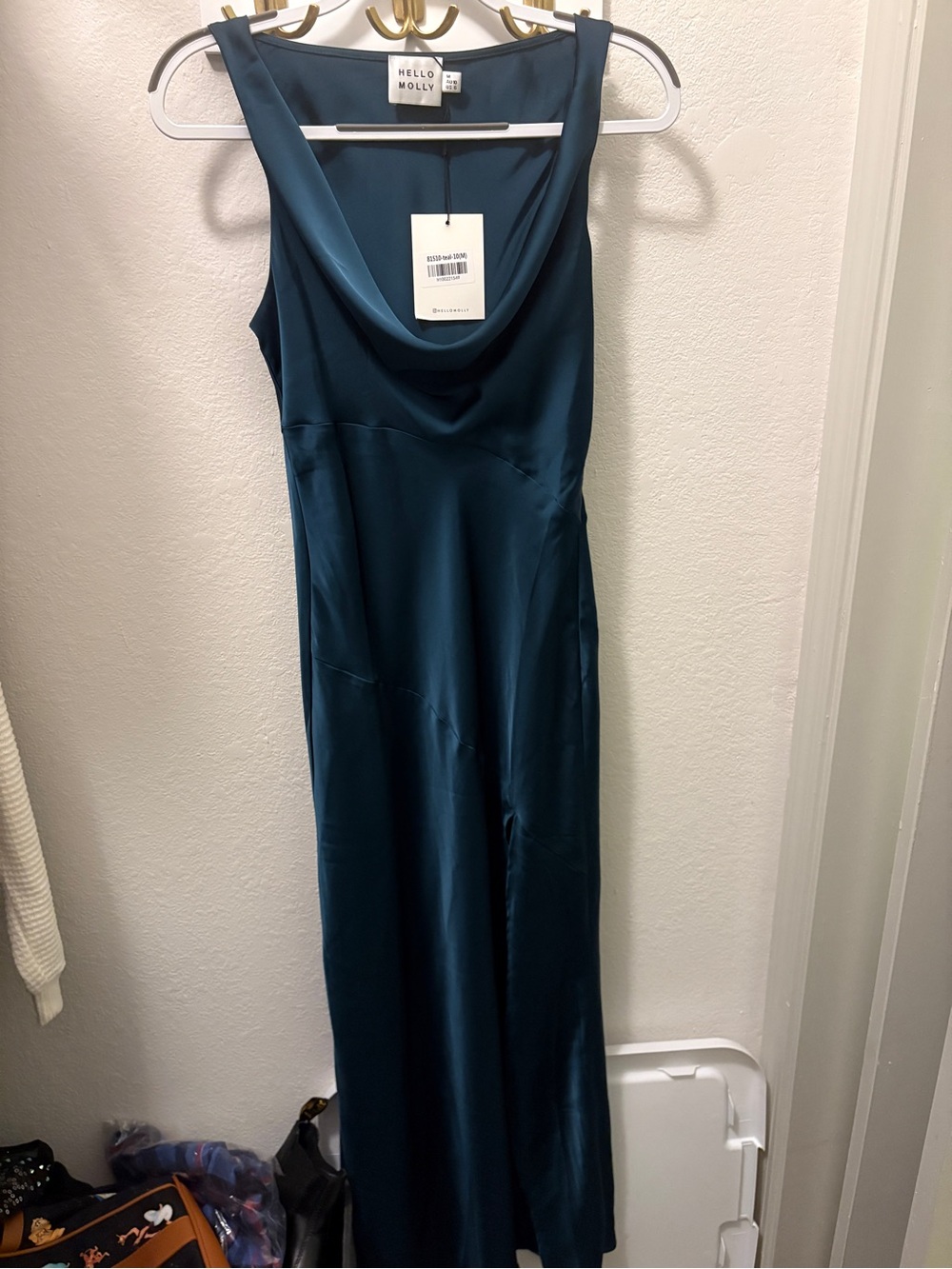 Hello Molly Teal Satin Cowl Neck Maxi Dress - Picture 2 of 6